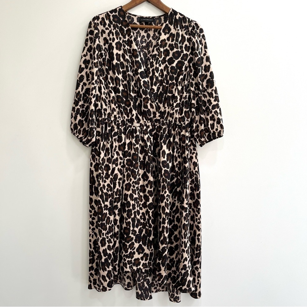 Lane Bryant leopard print faux wrap midi dress 3/4 length sleeves size 14